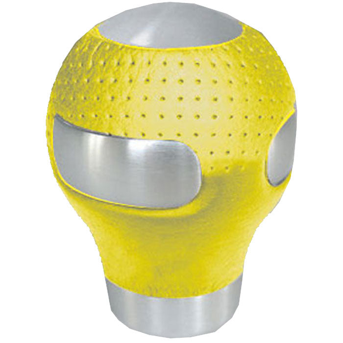 Gearknop rund i aluminium/gult læder foran