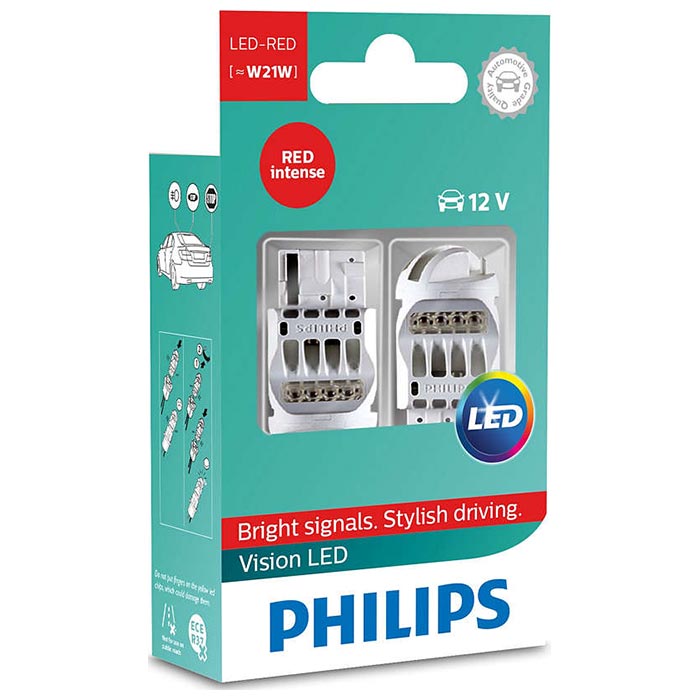 Philips Vision W21W 12V LED baklys rød – sett