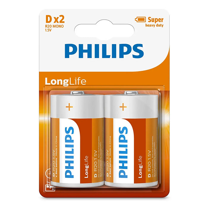 Philips Longlife D-batterier, 2 stk.