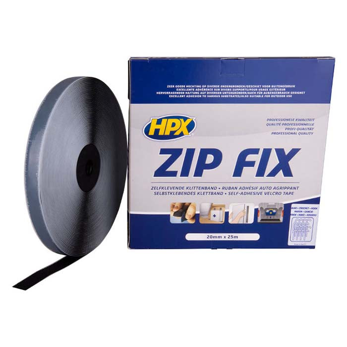 HPX, Zip Fix borrelåsbånd svart, 20 mm x 25 m (krok)